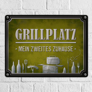 Grillplatz mein zweites Zuhause Metallschild Grill grillen Fleisch Bier Wurst Hobby Freunde