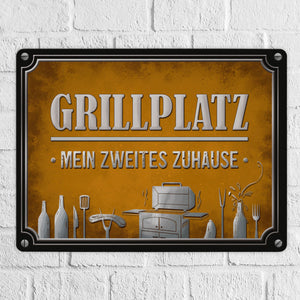 Grillplatz mein zweites Zuhause Metallschild Grill grillen Fleisch Bier Wurst Hobby Freunde