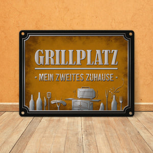 Grillplatz mein zweites Zuhause Metallschild Grill grillen Fleisch Bier Wurst Hobby Freunde