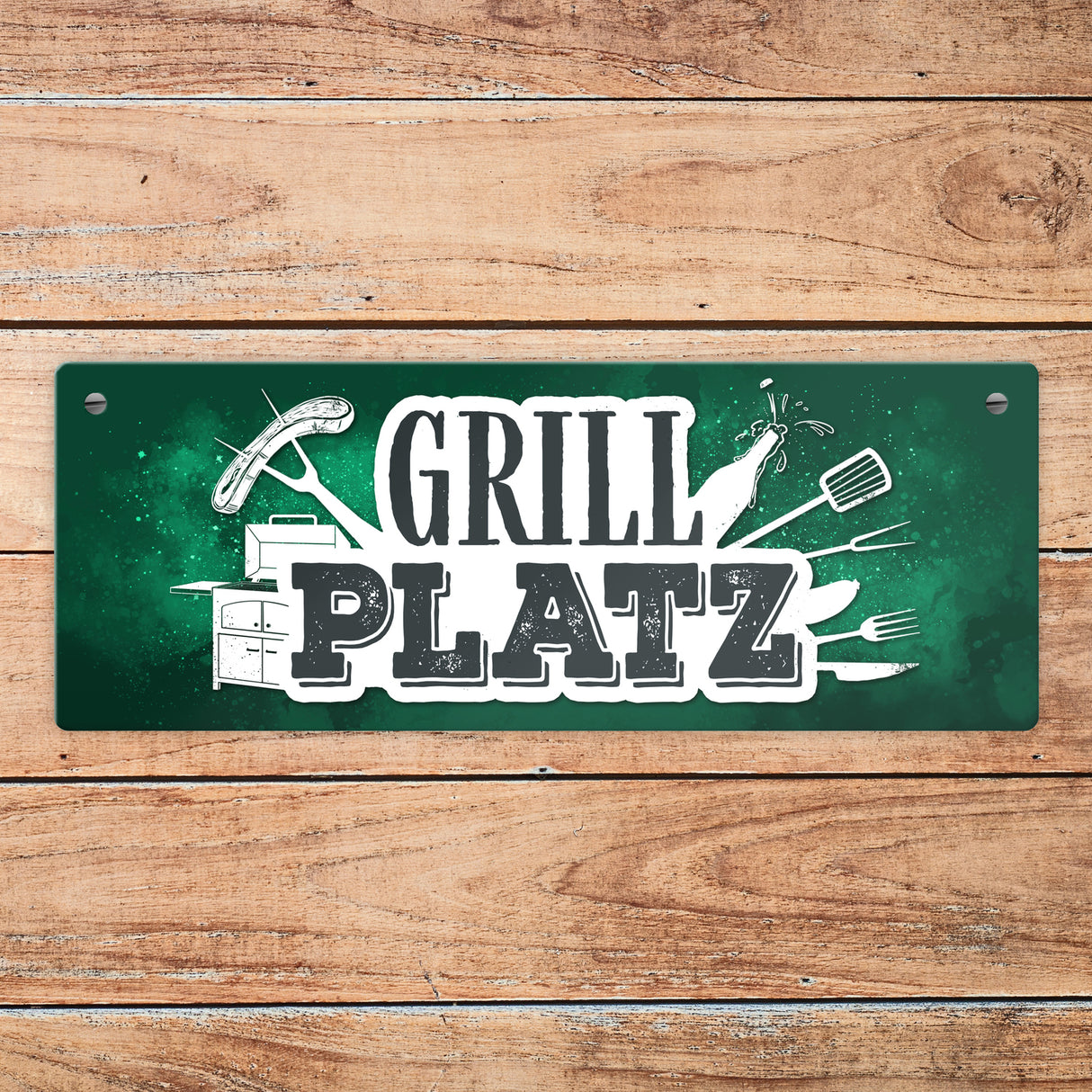 Grillplatz Metallschild Fleisch Wurst grillen Grill Bier Hobby Besteck Grillzange Freunde