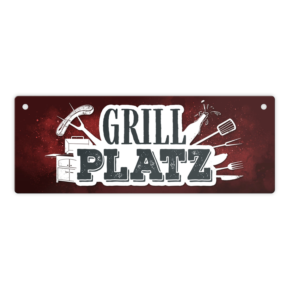 Grillplatz Metallschild Fleisch Wurst grillen Grill Bier Hobby Besteck Grillzange Freunde