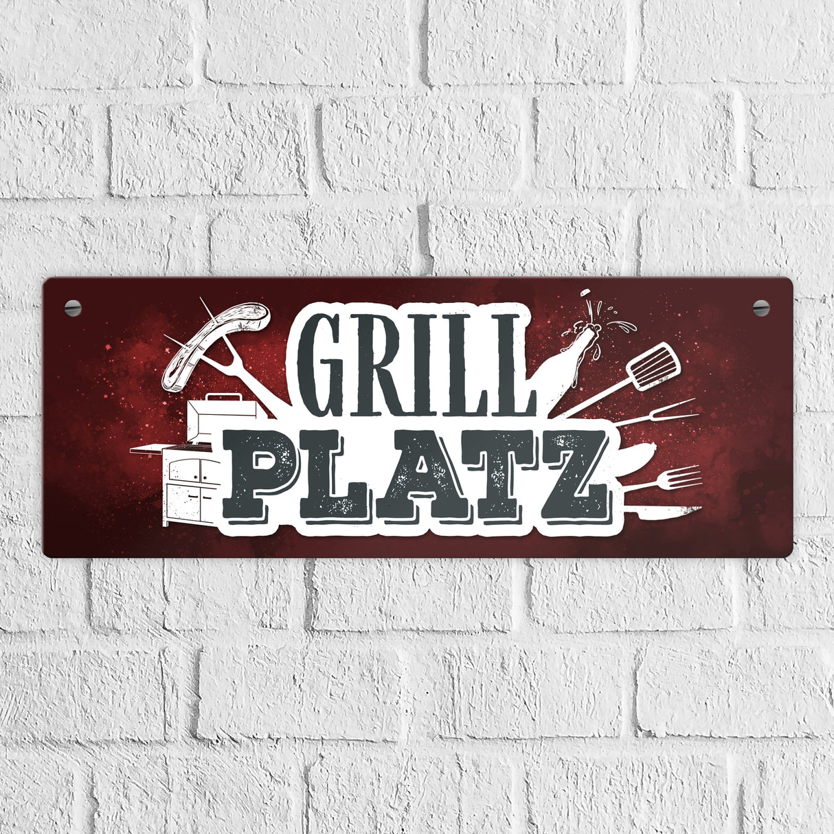 Grillplatz Metallschild Fleisch Wurst grillen Grill Bier Hobby Besteck Grillzange Freunde