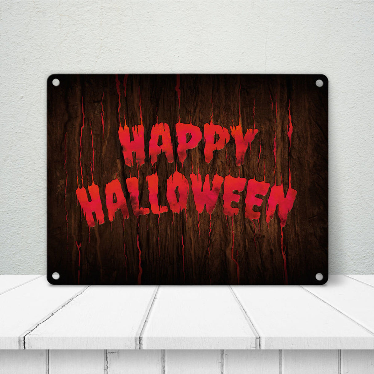 Happy Halloween Metallschild in Holz Optik Haustüre Türe Nacht Angst Hexe