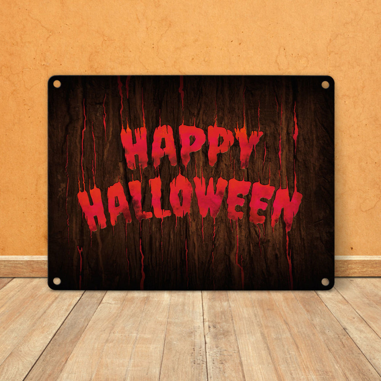 Happy Halloween Metallschild in Holz Optik Haustüre Türe Nacht Angst Hexe