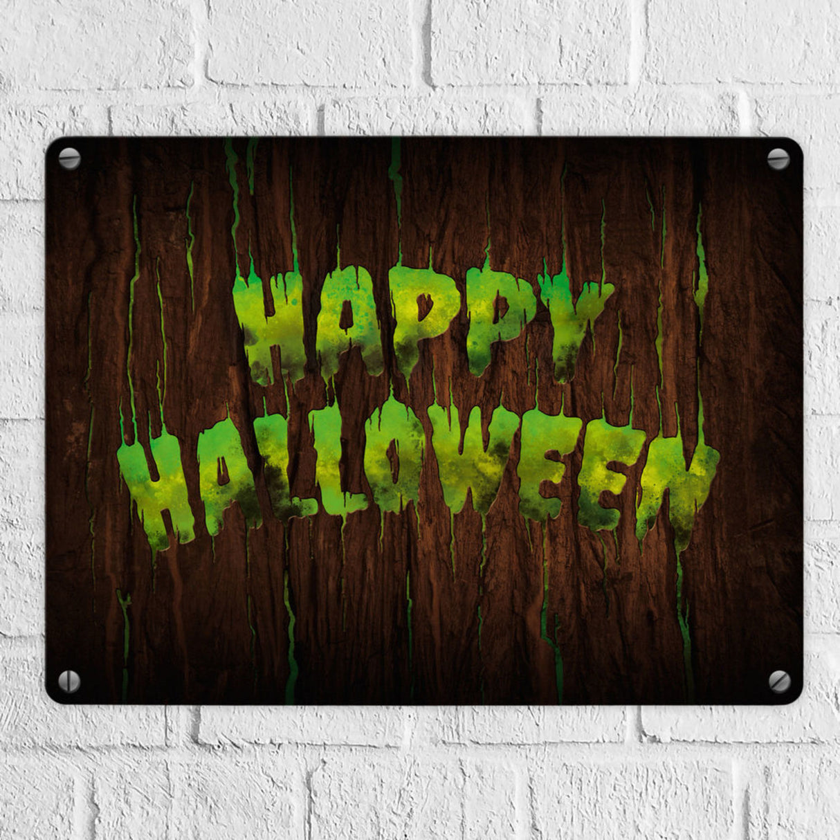 Happy Halloween Metallschild in Holz Optik Haustüre Türe Nacht Angst Hexe