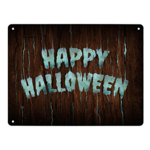 Happy Halloween Metallschild in Holz Optik Haustüre Türe Nacht Angst Hexe
