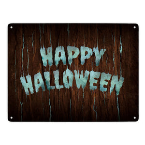 Happy Halloween Metallschild in Holz Optik Haustüre Türe Nacht Angst Hexe