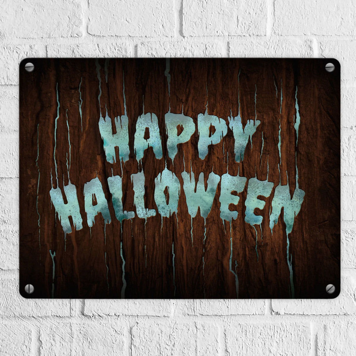 Happy Halloween Metallschild in Holz Optik Haustüre Türe Nacht Angst Hexe