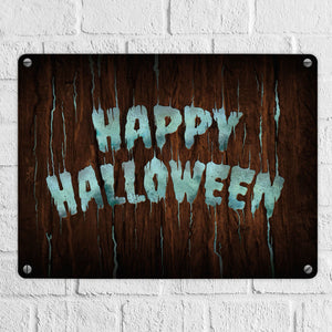 Happy Halloween Metallschild in Holz Optik Haustüre Türe Nacht Angst Hexe