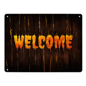 Welcome Metallschild in Holz Optik Halloween Teufel Hölle Kind Kinder Nacht