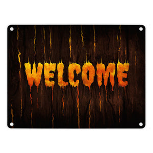 Welcome Metallschild in Holz Optik Halloween Teufel Hölle Kind Kinder Nacht