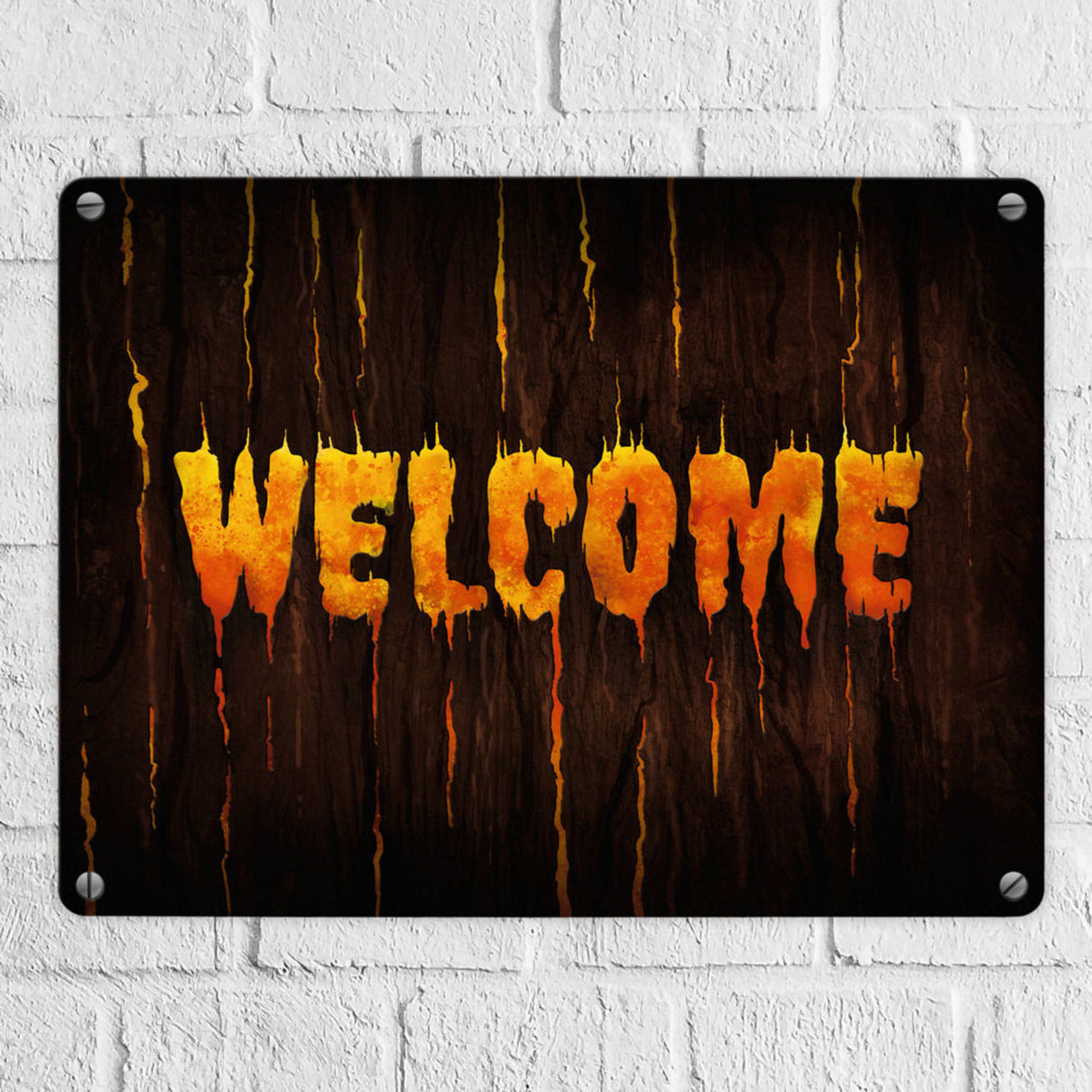 Welcome Metallschild in Holz Optik Halloween Teufel Hölle Kind Kinder Nacht