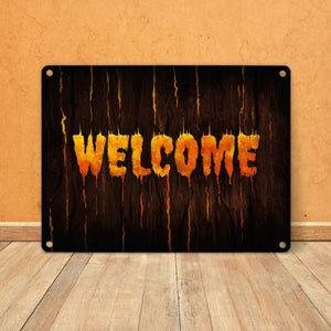 Welcome Metallschild in Holz Optik Halloween Teufel Hölle Kind Kinder Nacht