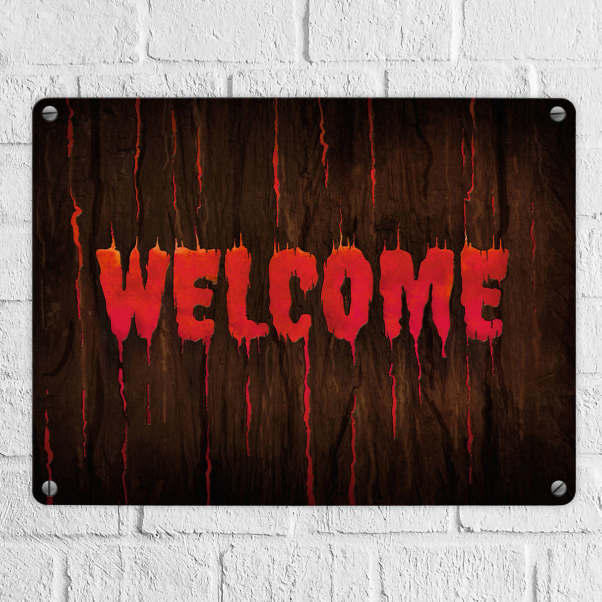 Welcome Metallschild in Holz Optik Halloween Teufel Hölle Kind Kinder Nacht