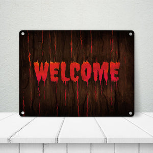Welcome Metallschild in Holz Optik Halloween Teufel Hölle Kind Kinder Nacht