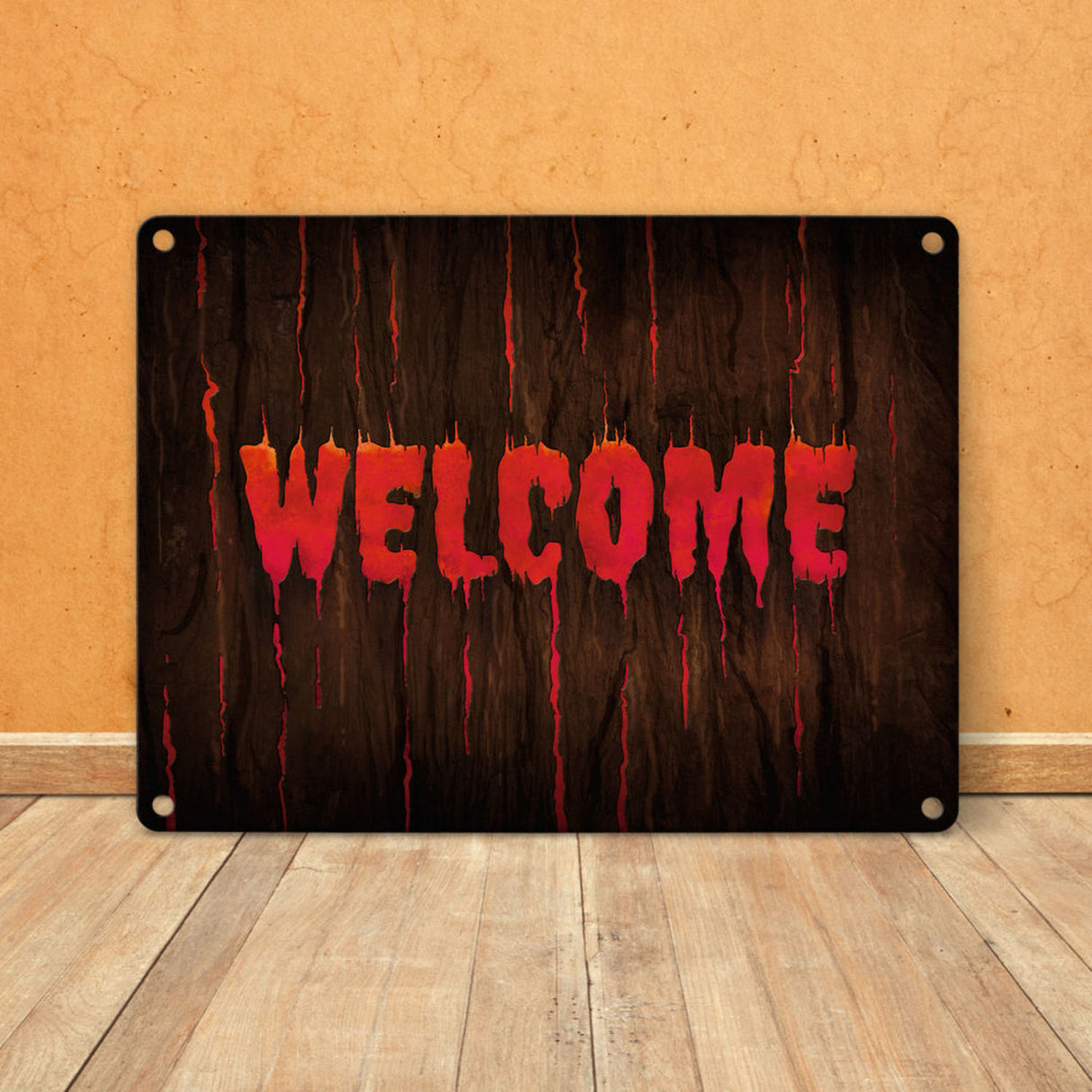 Welcome Metallschild in Holz Optik Halloween Teufel Hölle Kind Kinder Nacht
