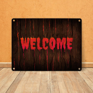 Welcome Metallschild in Holz Optik Halloween Teufel Hölle Kind Kinder Nacht
