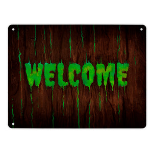Welcome Metallschild in Holz Optik Halloween Teufel Hölle Kind Kinder Nacht
