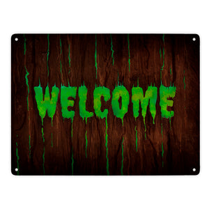 Welcome Metallschild in Holz Optik Halloween Teufel Hölle Kind Kinder Nacht