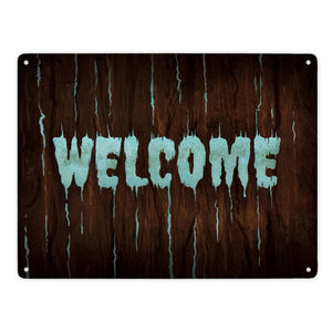Welcome Metallschild in Holz Optik Halloween Teufel Hölle Kind Kinder Nacht