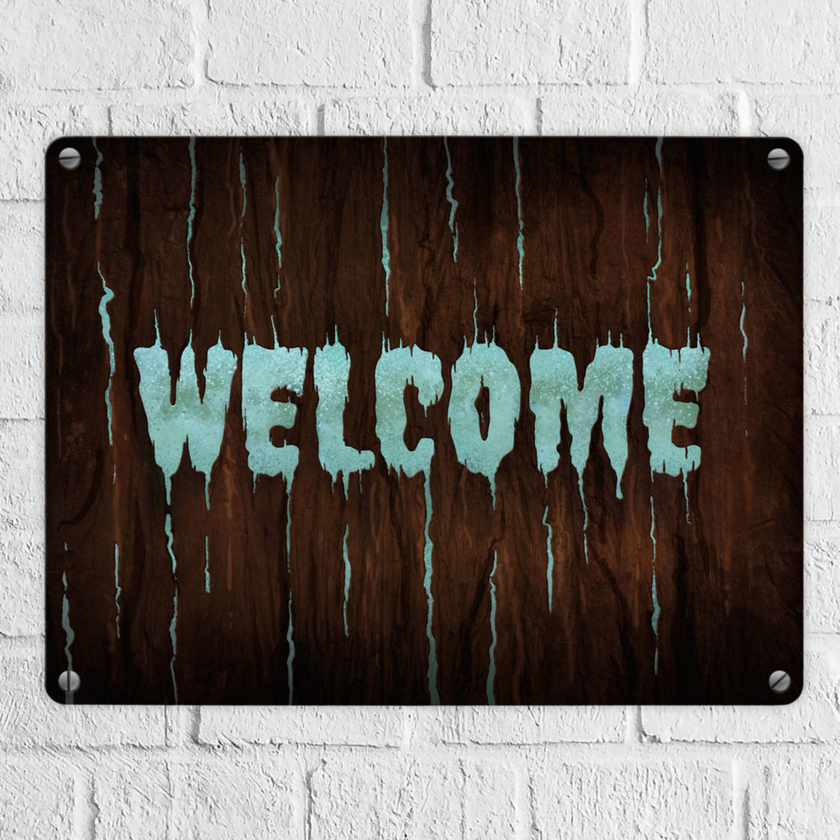 Welcome Metallschild in Holz Optik Halloween Teufel Hölle Kind Kinder Nacht