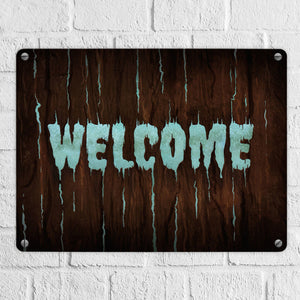 Welcome Metallschild in Holz Optik Halloween Teufel Hölle Kind Kinder Nacht