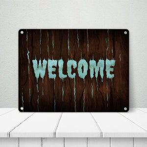 Welcome Metallschild in Holz Optik Halloween Teufel Hölle Kind Kinder Nacht
