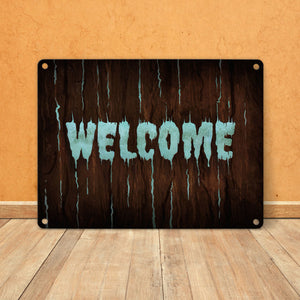 Welcome Metallschild in Holz Optik Halloween Teufel Hölle Kind Kinder Nacht