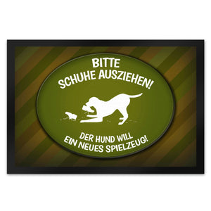 Schuhe ausziehen, der Hund will neues Spielzeug Fußmatte - spielen Wohnung Schuh Hunde Haushalt Füße