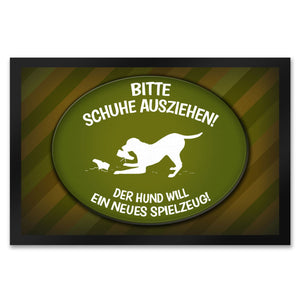 Schuhe ausziehen, der Hund will neues Spielzeug Fußmatte - spielen Wohnung Schuh Hunde Haushalt Füße