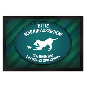 Schuhe ausziehen, der Hund will neues Spielzeug Fußmatte - spielen Wohnung Schuh Hunde Haushalt Füße