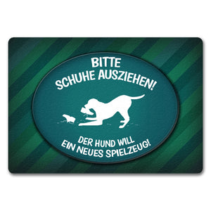 Schuhe ausziehen, der Hund will neues Spielzeug Fußmatte - spielen Wohnung Schuh Hunde Haushalt Füße