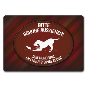 Schuhe ausziehen, der Hund will neues Spielzeug Fußmatte - spielen Wohnung Schuh Hunde Haushalt Füße