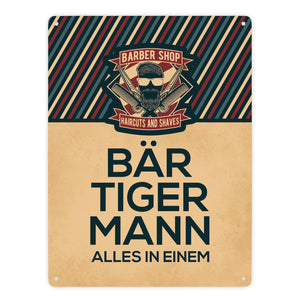 Bär-Tiger-Mann alles in einem Metallschild mit Barber-Shop Motiv