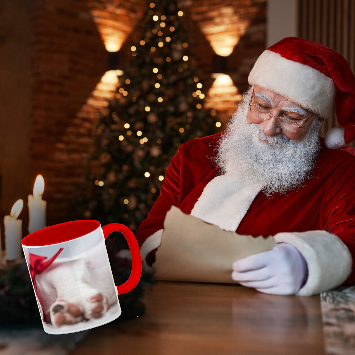 Weihnachtshund Jack mit Nikolausmütze Kaffeebecher