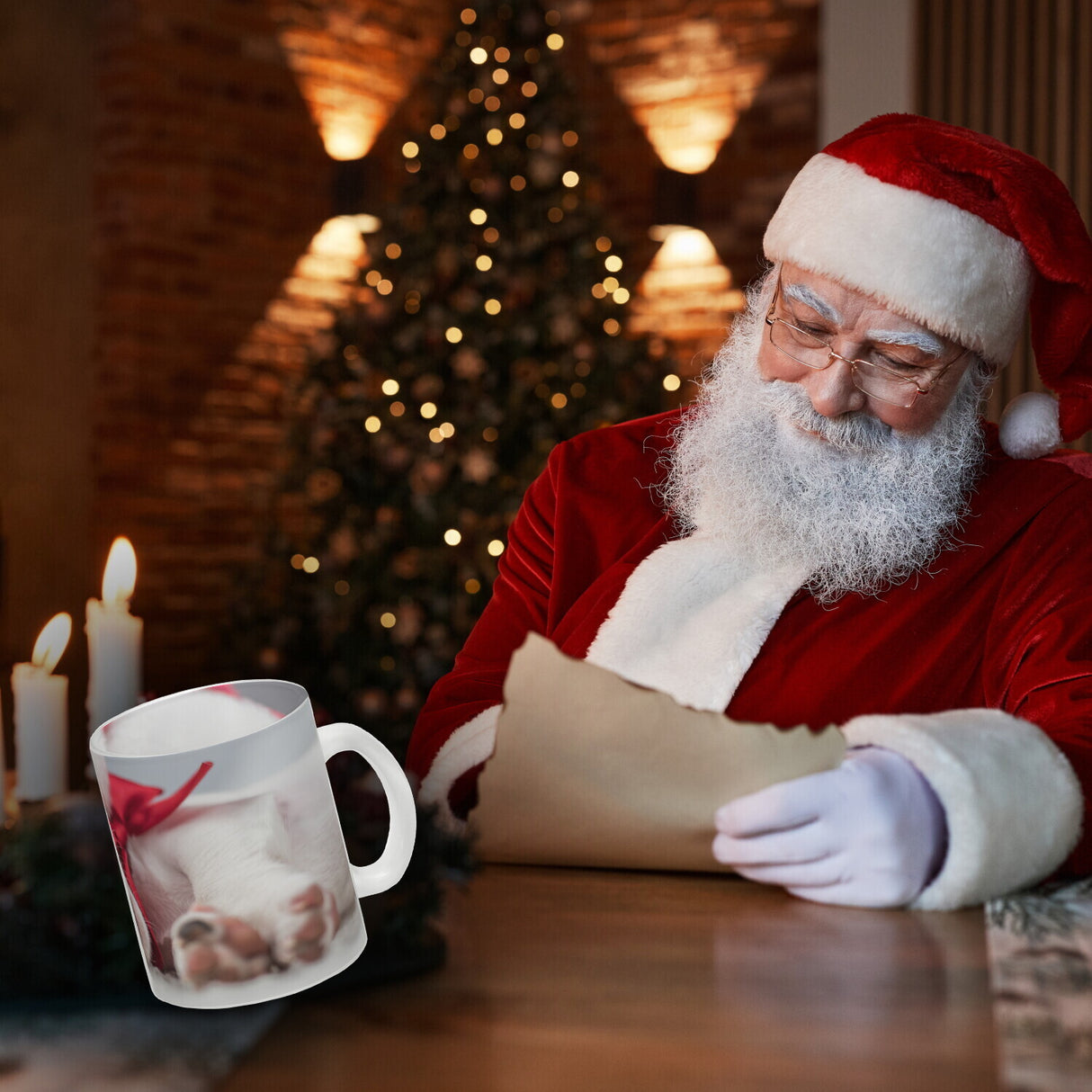 Weihnachtshund Jack mit Nikolausmütze Kaffeebecher