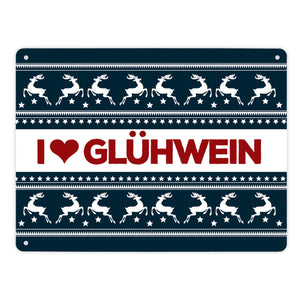 I love Glühwein Metallschild mit Weihnachtsmuster Motiv - Weihnachten Herz Advent Muster Rentier Stern Punkte