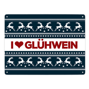 I love Glühwein Metallschild mit Weihnachtsmuster Motiv - Weihnachten Herz Advent Muster Rentier Stern Punkte