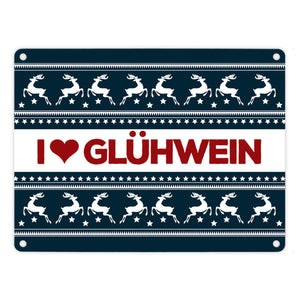 I love Glühwein Metallschild mit Weihnachtsmuster Motiv - Weihnachten Herz Advent Muster Rentier Stern Punkte