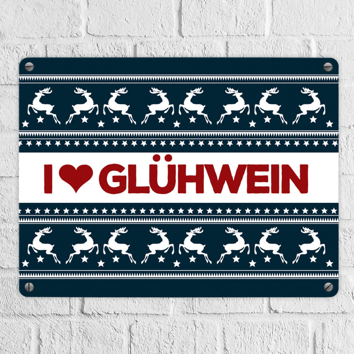 I love Glühwein Metallschild mit Weihnachtsmuster Motiv - Weihnachten Herz Advent Muster Rentier Stern Punkte