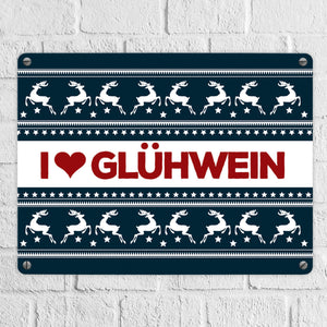 I love Glühwein Metallschild mit Weihnachtsmuster Motiv - Weihnachten Herz Advent Muster Rentier Stern Punkte