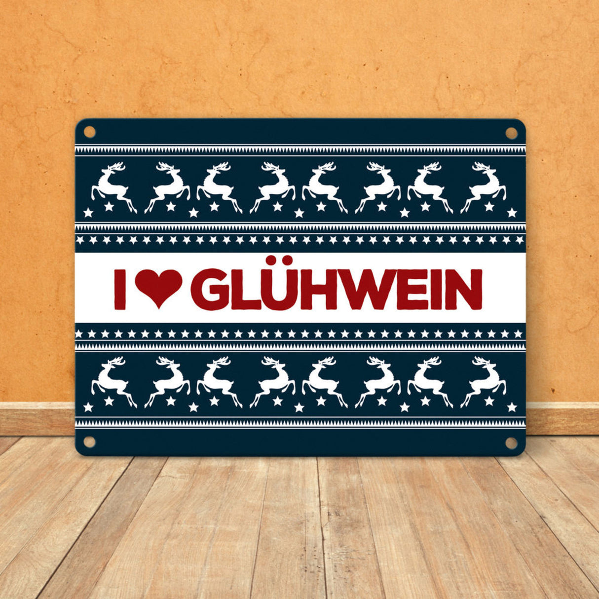 I love Glühwein Metallschild mit Weihnachtsmuster Motiv - Weihnachten Herz Advent Muster Rentier Stern Punkte