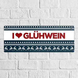 I love Glühwein Metallschild mit Weihnachtsmuster Motiv - Weihnachten Herz Muster Rentier Stern