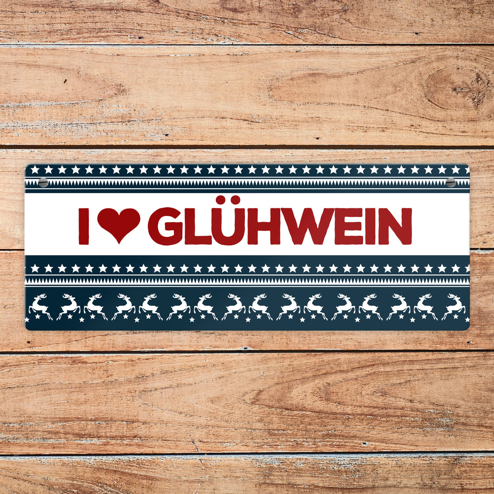 I love Glühwein Metallschild mit Weihnachtsmuster Motiv - Weihnachten Herz Muster Rentier Stern