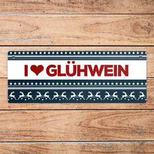 I love Glühwein Metallschild mit Weihnachtsmuster Motiv - Weihnachten Herz Muster Rentier Stern