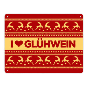 I love Glühwein Metallschild mit Weihnachtsmuster Motiv - Weihnachten Herz Advent Muster Rentier Stern Punkte