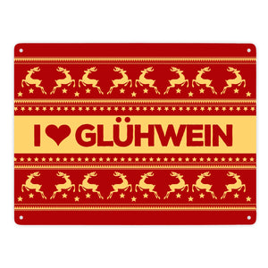 I love Glühwein Metallschild mit Weihnachtsmuster Motiv - Weihnachten Herz Advent Muster Rentier Stern Punkte
