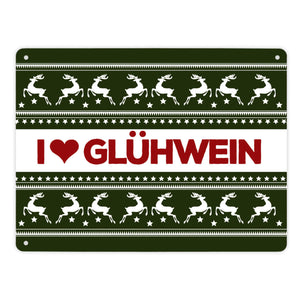 I love Glühwein Metallschild mit Weihnachtsmuster Motiv - Weihnachten Herz Advent Muster Rentier Stern Punkte