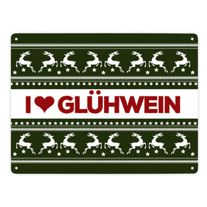 I love Glühwein Metallschild mit Weihnachtsmuster Motiv - Weihnachten Herz Advent Muster Rentier Stern Punkte