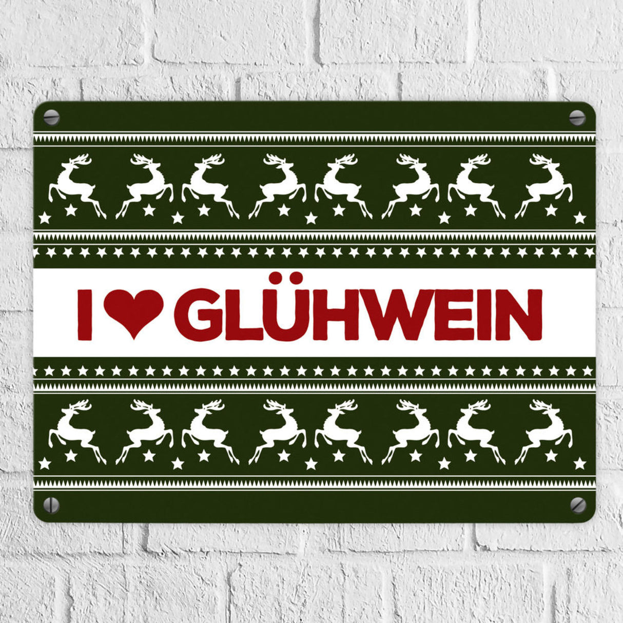 I love Glühwein Metallschild mit Weihnachtsmuster Motiv - Weihnachten Herz Advent Muster Rentier Stern Punkte